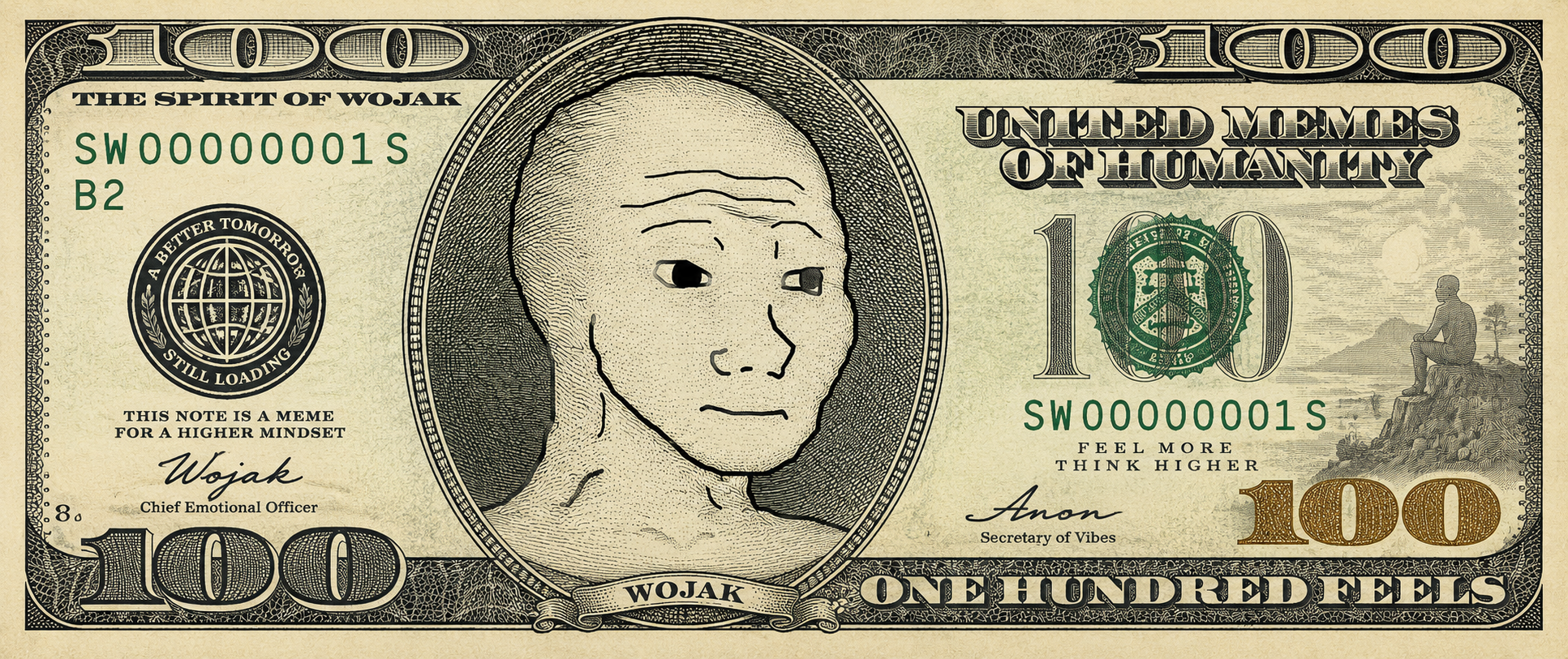 100 Wojak Dollars fake meme note banner